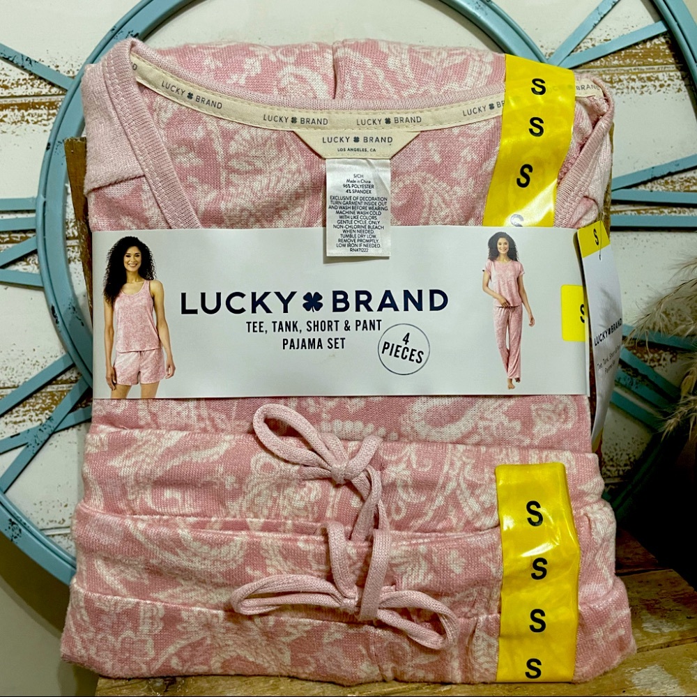 Lucky Brand Pajama Set Womens Small Pink *4PC* Tee/Tank/Short/Pant NIP! - Picture 2 of 5